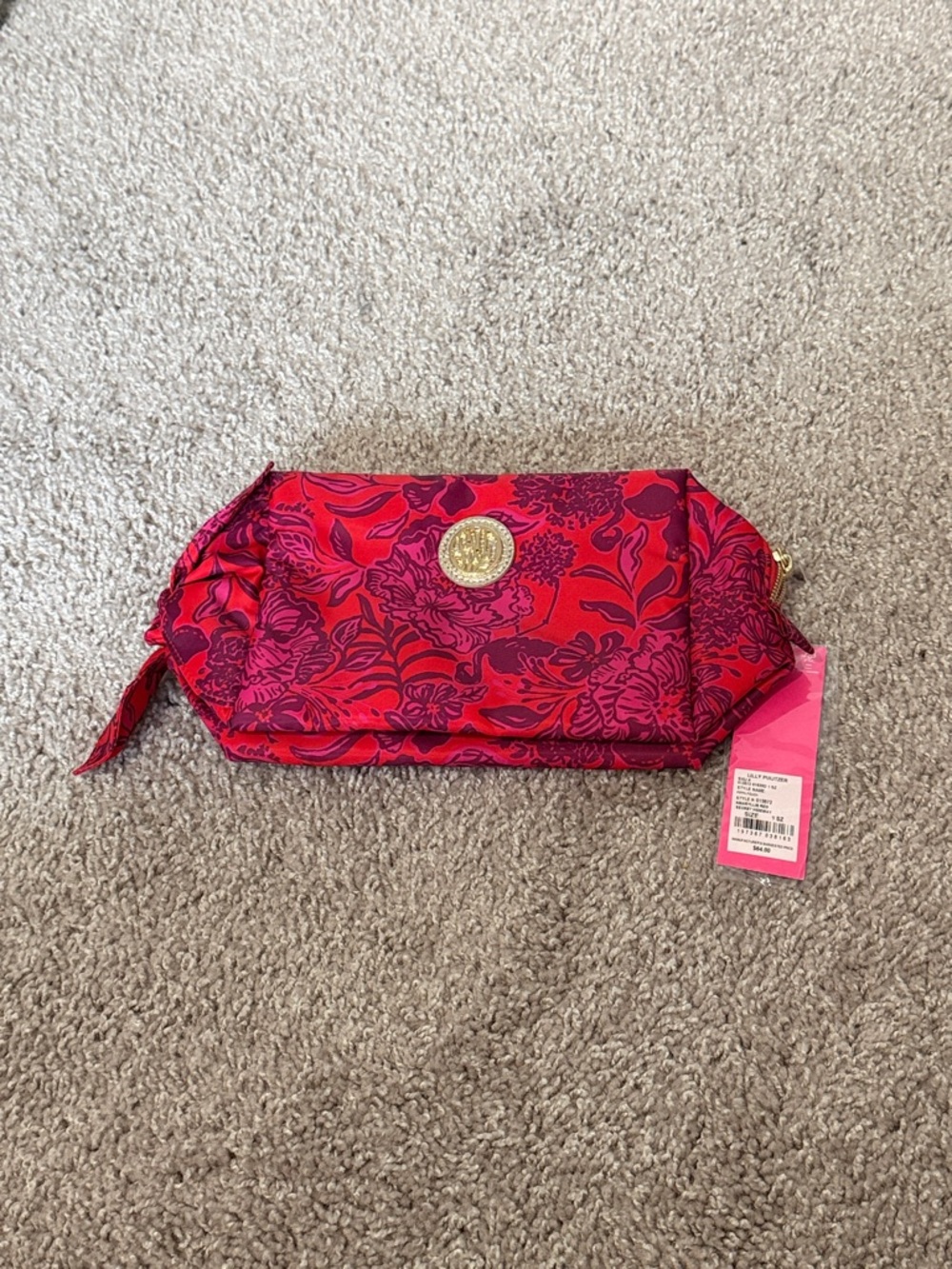 Lilly Pulitzer Red Cosmetic Pouch with Purple Floral Print and Gold Medallion
